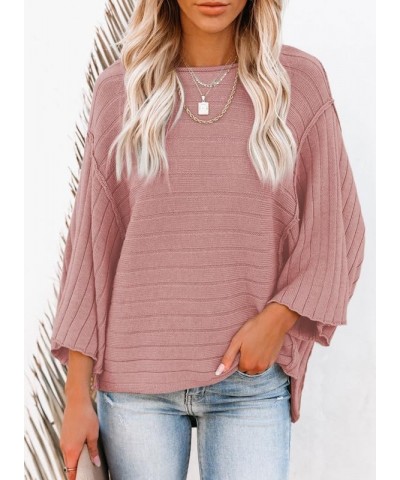 Womens 2023 Fall Crewneck Batwing Sleeve Casual One Shoulder Tops Ribbed Knit Pullover Sweaters Pink $13.74 Sweaters