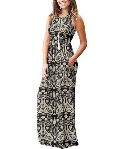 Women's 2024 Summer V Neck Beach Strap Sleeveless Casual Split Long Maxi Dress 02-paisley Floral Black $12.99 Dresses