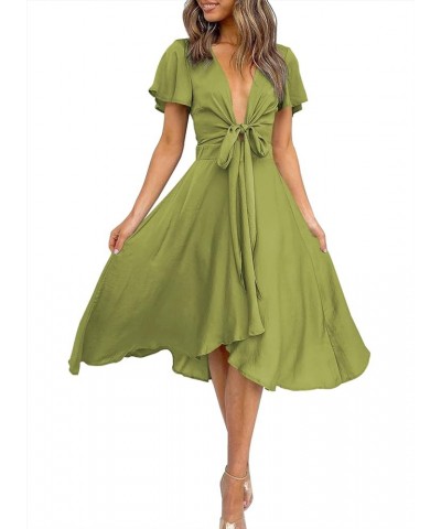 Womens Satin V Neck Ruffle Short Sleeve Tie Front High Waist Midi A-Line Maxi Dresses A Glass Green $29.06 Dresses