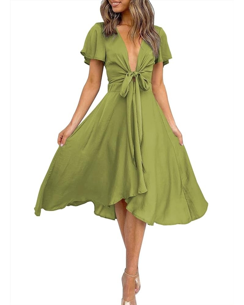 Womens Satin V Neck Ruffle Short Sleeve Tie Front High Waist Midi A-Line Maxi Dresses A Glass Green $29.06 Dresses