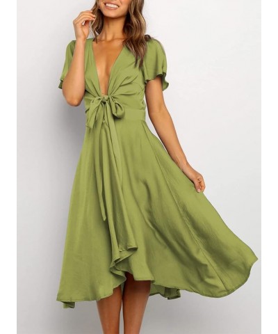 Womens Satin V Neck Ruffle Short Sleeve Tie Front High Waist Midi A-Line Maxi Dresses A Glass Green $29.06 Dresses