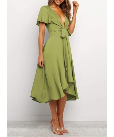 Womens Satin V Neck Ruffle Short Sleeve Tie Front High Waist Midi A-Line Maxi Dresses A Glass Green $29.06 Dresses