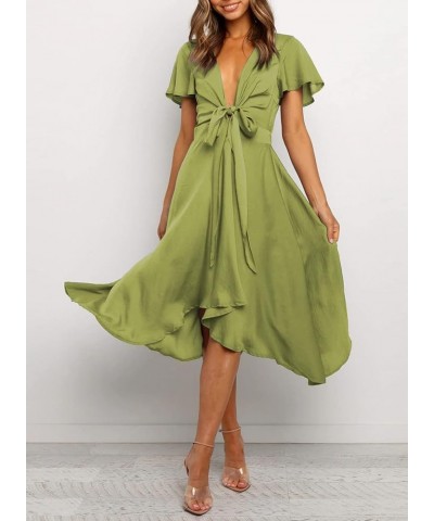 Womens Satin V Neck Ruffle Short Sleeve Tie Front High Waist Midi A-Line Maxi Dresses A Glass Green $29.06 Dresses