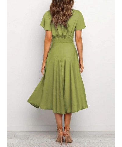 Womens Satin V Neck Ruffle Short Sleeve Tie Front High Waist Midi A-Line Maxi Dresses A Glass Green $29.06 Dresses