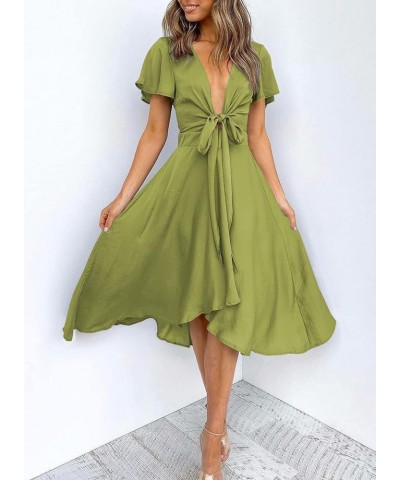 Womens Satin V Neck Ruffle Short Sleeve Tie Front High Waist Midi A-Line Maxi Dresses A Glass Green $29.06 Dresses