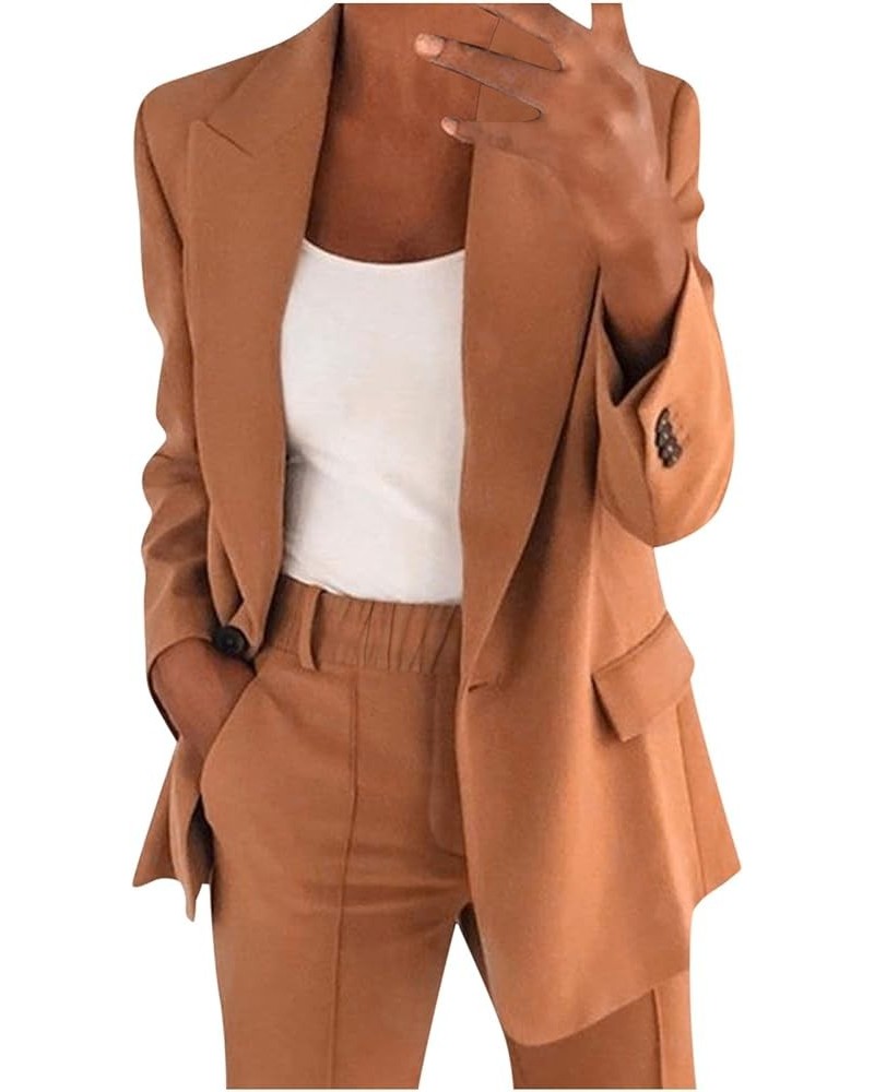 2 Piece Outfits for Women Dressy Work Pants Suits, Blazer Jacket & Straight-Leg Long Pants Business Casual Clothes 01 Brown $...