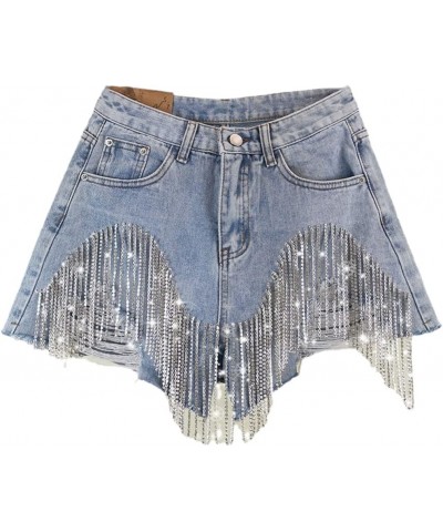 Denim Patchwork Diamond Tassel Shorts for Women, Female High Waist Casual Hole Shorts Light Blue $24.30 Shorts