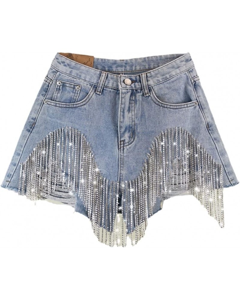 Denim Patchwork Diamond Tassel Shorts for Women, Female High Waist Casual Hole Shorts Light Blue $24.30 Shorts