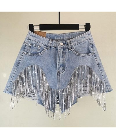 Denim Patchwork Diamond Tassel Shorts for Women, Female High Waist Casual Hole Shorts Light Blue $24.30 Shorts