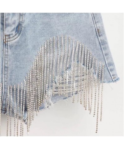 Denim Patchwork Diamond Tassel Shorts for Women, Female High Waist Casual Hole Shorts Light Blue $24.30 Shorts