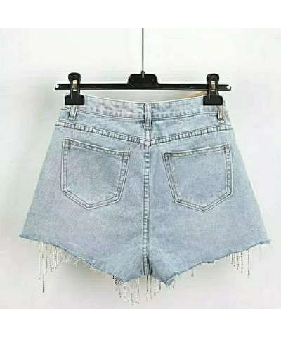 Denim Patchwork Diamond Tassel Shorts for Women, Female High Waist Casual Hole Shorts Light Blue $24.30 Shorts