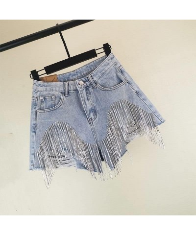 Denim Patchwork Diamond Tassel Shorts for Women, Female High Waist Casual Hole Shorts Light Blue $24.30 Shorts