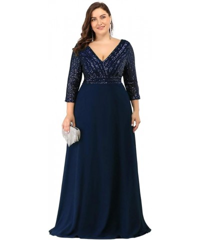 Women's Deep V-Neck Sparkle Plus Size Evening Dress with Long Sleeves 0751-PZ Navy Blue $42.39 Dresses