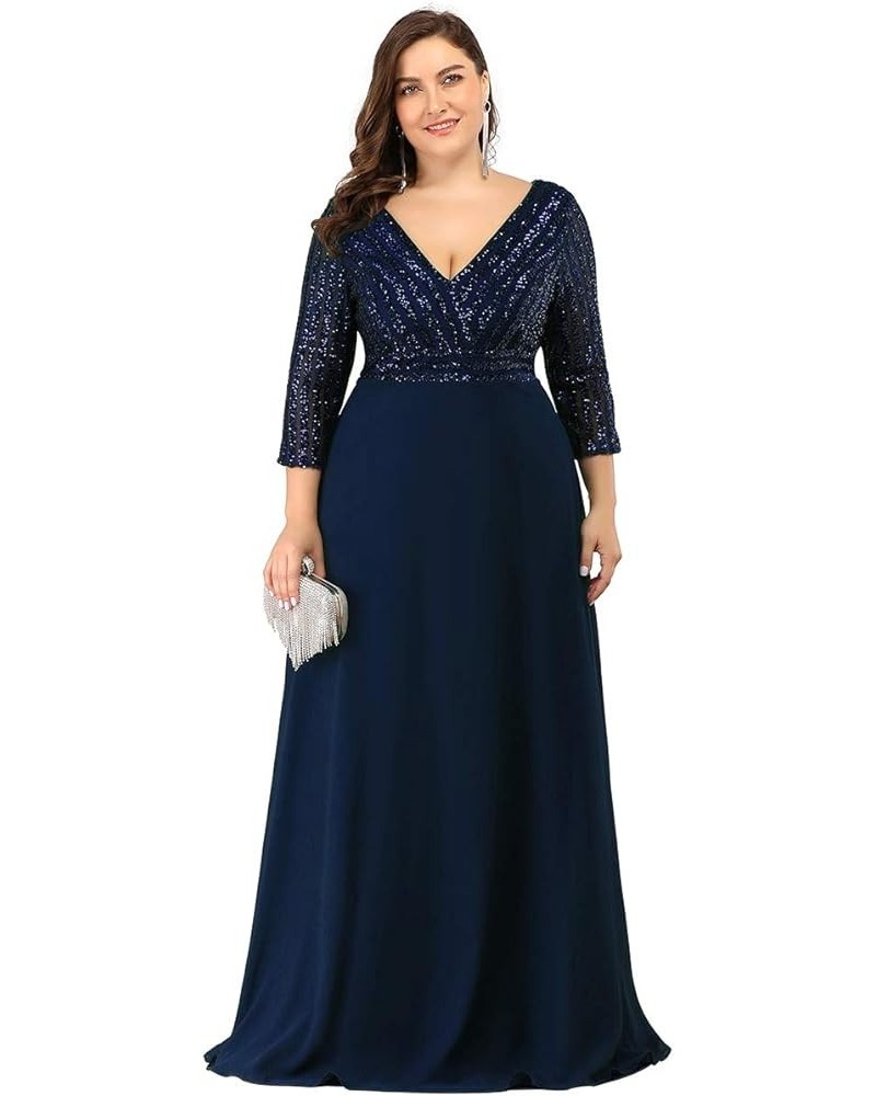 Women's Deep V-Neck Sparkle Plus Size Evening Dress with Long Sleeves 0751-PZ Navy Blue $42.39 Dresses