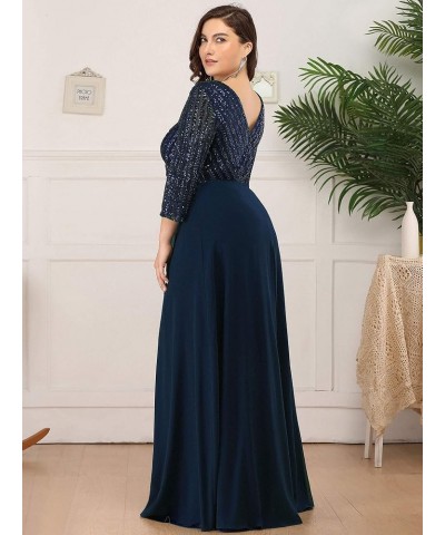 Women's Deep V-Neck Sparkle Plus Size Evening Dress with Long Sleeves 0751-PZ Navy Blue $42.39 Dresses