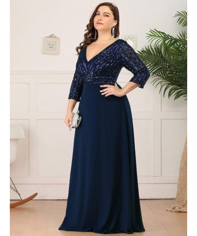 Women's Deep V-Neck Sparkle Plus Size Evening Dress with Long Sleeves 0751-PZ Navy Blue $42.39 Dresses