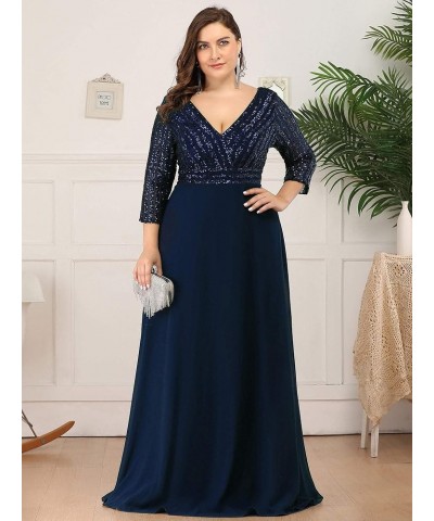 Women's Deep V-Neck Sparkle Plus Size Evening Dress with Long Sleeves 0751-PZ Navy Blue $42.39 Dresses