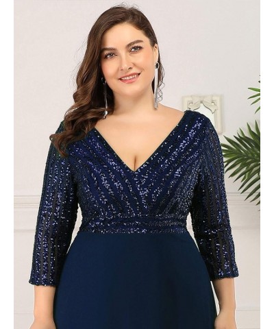 Women's Deep V-Neck Sparkle Plus Size Evening Dress with Long Sleeves 0751-PZ Navy Blue $42.39 Dresses