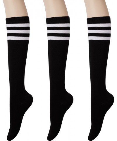 Women's Cotton Knee High Socks - Casual Solid & Striped Colors Fashion Socks 3 Pairs (Women’s Shoe Size 5-9) Black Stripe - 3...