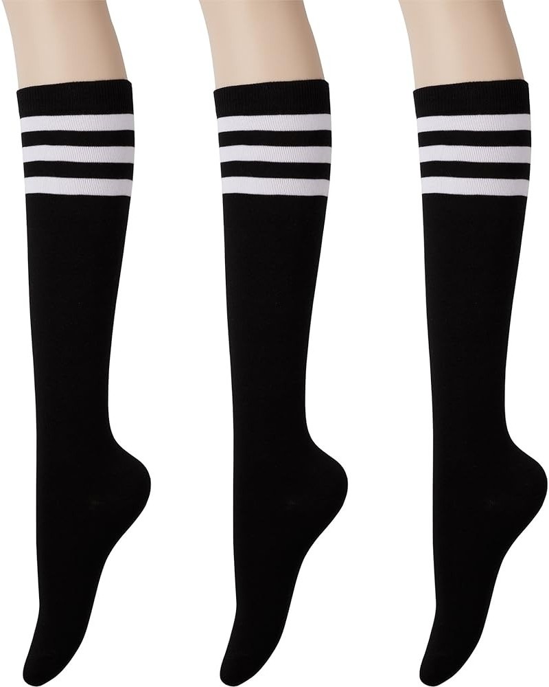 Women's Cotton Knee High Socks - Casual Solid & Striped Colors Fashion Socks 3 Pairs (Women’s Shoe Size 5-9) Black Stripe - 3...