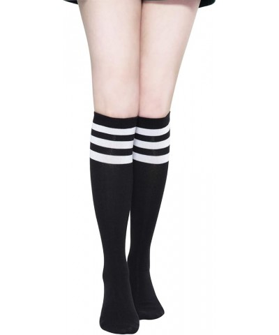 Women's Cotton Knee High Socks - Casual Solid & Striped Colors Fashion Socks 3 Pairs (Women’s Shoe Size 5-9) Black Stripe - 3...