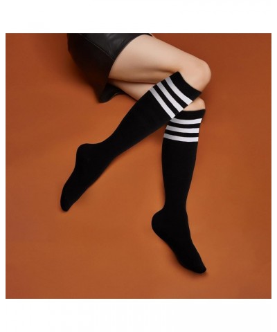 Women's Cotton Knee High Socks - Casual Solid & Striped Colors Fashion Socks 3 Pairs (Women’s Shoe Size 5-9) Black Stripe - 3...