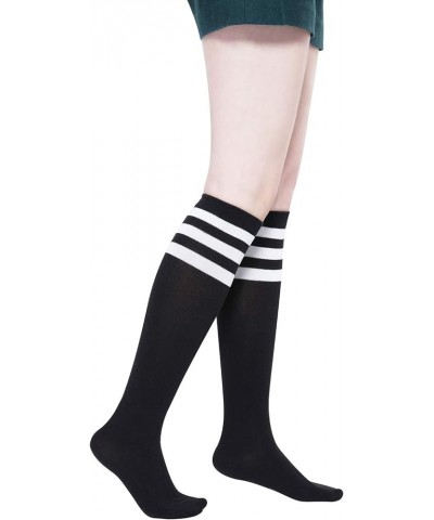 Women's Cotton Knee High Socks - Casual Solid & Striped Colors Fashion Socks 3 Pairs (Women’s Shoe Size 5-9) Black Stripe - 3...