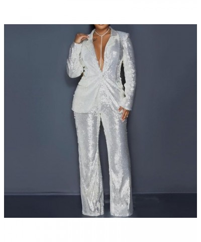 Two Piece Fall Sets 2023 Outfits Pants Set Notch Lapel Slim Fit Formal Suits Tuxedo Fashion Sequin Sets White $21.64 Suits