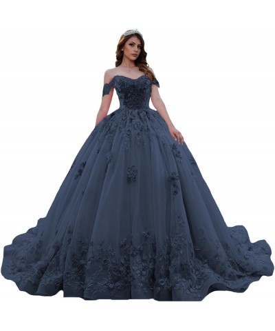 Sweetheart Tulle Quinceanera Dresses for Women Off The Shoulder Ball Gown with Train Lace Beaed Sweet 15 16 Dress Stormy Blue...