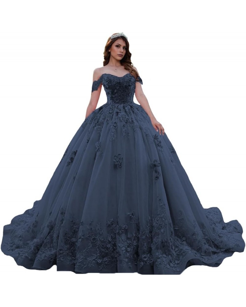 Sweetheart Tulle Quinceanera Dresses for Women Off The Shoulder Ball Gown with Train Lace Beaed Sweet 15 16 Dress Stormy Blue...