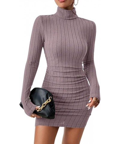 Women's Rib Knit Ruched Long Sleeve Short Bodycon Dresses High Neck Slim Fit High Waist Sweater Dress Pink $12.71 Dresses