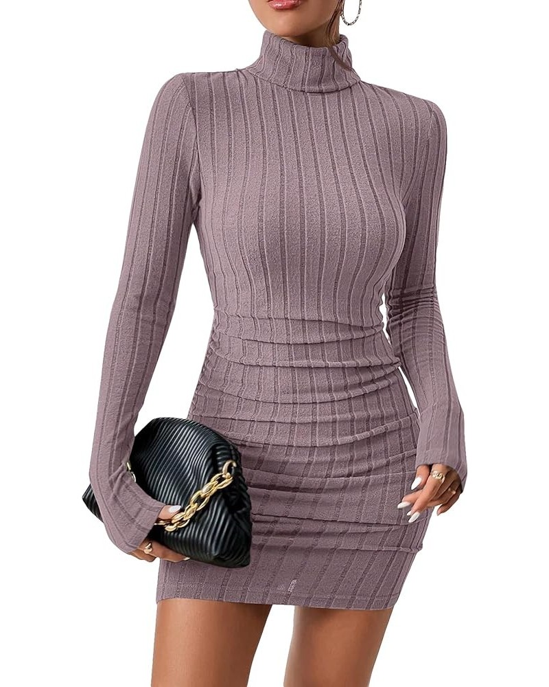 Women's Rib Knit Ruched Long Sleeve Short Bodycon Dresses High Neck Slim Fit High Waist Sweater Dress Pink $12.71 Dresses