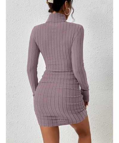 Women's Rib Knit Ruched Long Sleeve Short Bodycon Dresses High Neck Slim Fit High Waist Sweater Dress Pink $12.71 Dresses