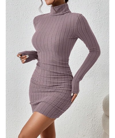 Women's Rib Knit Ruched Long Sleeve Short Bodycon Dresses High Neck Slim Fit High Waist Sweater Dress Pink $12.71 Dresses