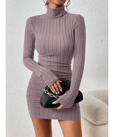 Women's Rib Knit Ruched Long Sleeve Short Bodycon Dresses High Neck Slim Fit High Waist Sweater Dress Pink $12.71 Dresses