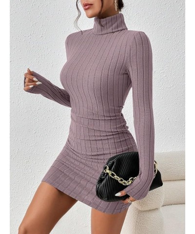 Women's Rib Knit Ruched Long Sleeve Short Bodycon Dresses High Neck Slim Fit High Waist Sweater Dress Pink $12.71 Dresses