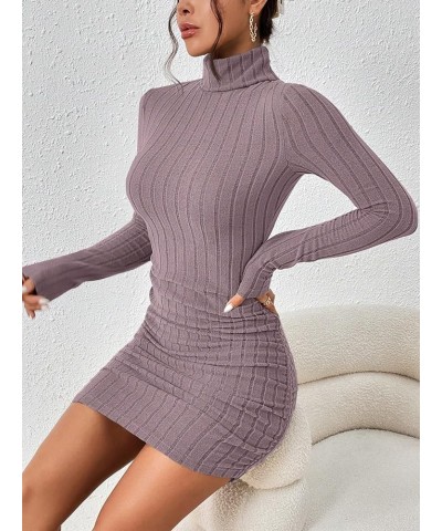 Women's Rib Knit Ruched Long Sleeve Short Bodycon Dresses High Neck Slim Fit High Waist Sweater Dress Pink $12.71 Dresses