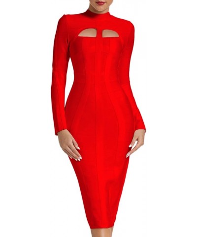 Women's Cut Out Long Sleeve Party Bandage Dress Clubwear Midi 1-red $28.29 Dresses