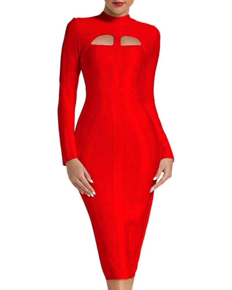 Women's Cut Out Long Sleeve Party Bandage Dress Clubwear Midi 1-red $28.29 Dresses