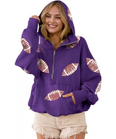 Womens Football Sequin Rugby Patches Half Zip Up Fleece Hoodie Casual Pullover Long Sleeve Zipper Sweatshirt Purple $26.51 Ho...