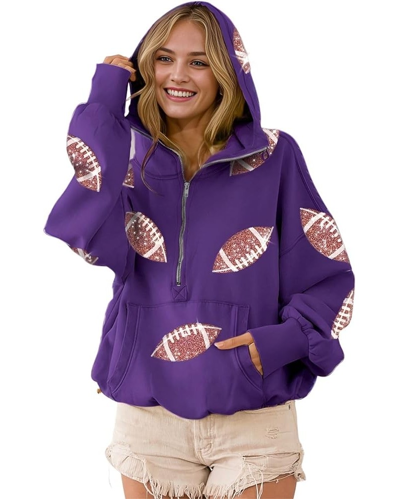 Womens Football Sequin Rugby Patches Half Zip Up Fleece Hoodie Casual Pullover Long Sleeve Zipper Sweatshirt Purple $26.51 Ho...