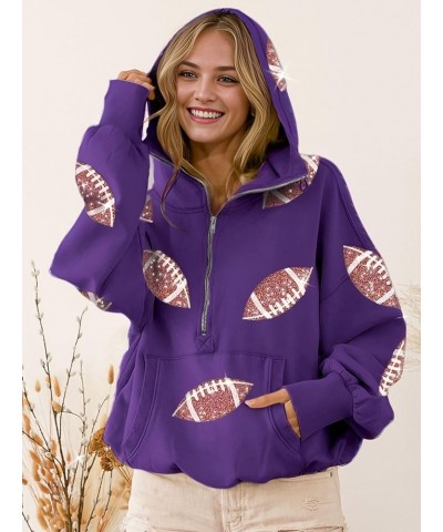 Womens Football Sequin Rugby Patches Half Zip Up Fleece Hoodie Casual Pullover Long Sleeve Zipper Sweatshirt Purple $26.51 Ho...