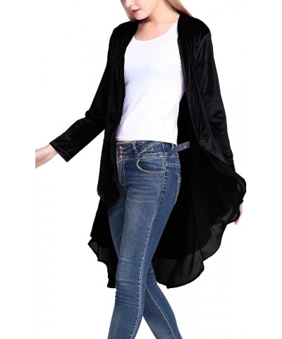 Women's Long Sleeve Velvet Cardigan Coat with Asymmetric Chiffon Hem Black $17.94 Sweaters