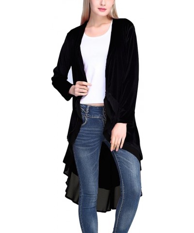 Women's Long Sleeve Velvet Cardigan Coat with Asymmetric Chiffon Hem Black $17.94 Sweaters