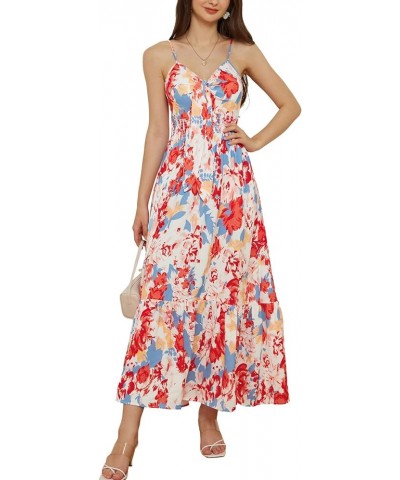 Women's 2024 Summer Beach Dress Floral V Neck Tie Front Spaghetti Strap Flowy Long Dress Boho Maxi Dress Blue Red Floral $29....