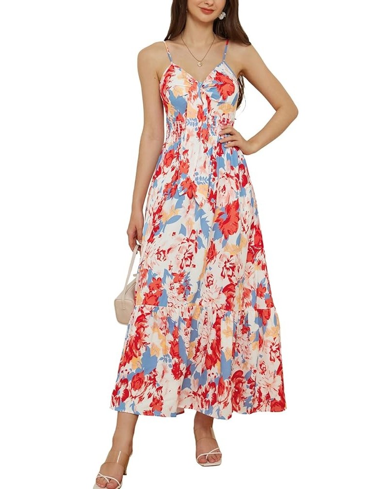 Women's 2024 Summer Beach Dress Floral V Neck Tie Front Spaghetti Strap Flowy Long Dress Boho Maxi Dress Blue Red Floral $29....