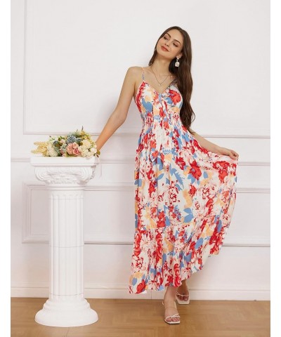 Women's 2024 Summer Beach Dress Floral V Neck Tie Front Spaghetti Strap Flowy Long Dress Boho Maxi Dress Blue Red Floral $29....