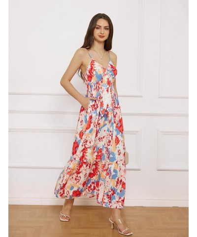 Women's 2024 Summer Beach Dress Floral V Neck Tie Front Spaghetti Strap Flowy Long Dress Boho Maxi Dress Blue Red Floral $29....