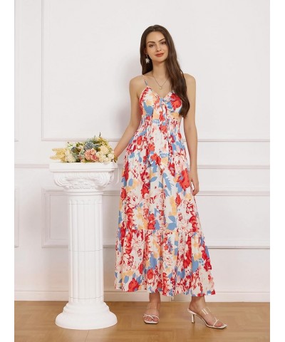 Women's 2024 Summer Beach Dress Floral V Neck Tie Front Spaghetti Strap Flowy Long Dress Boho Maxi Dress Blue Red Floral $29....