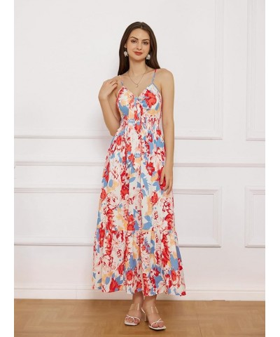 Women's 2024 Summer Beach Dress Floral V Neck Tie Front Spaghetti Strap Flowy Long Dress Boho Maxi Dress Blue Red Floral $29....